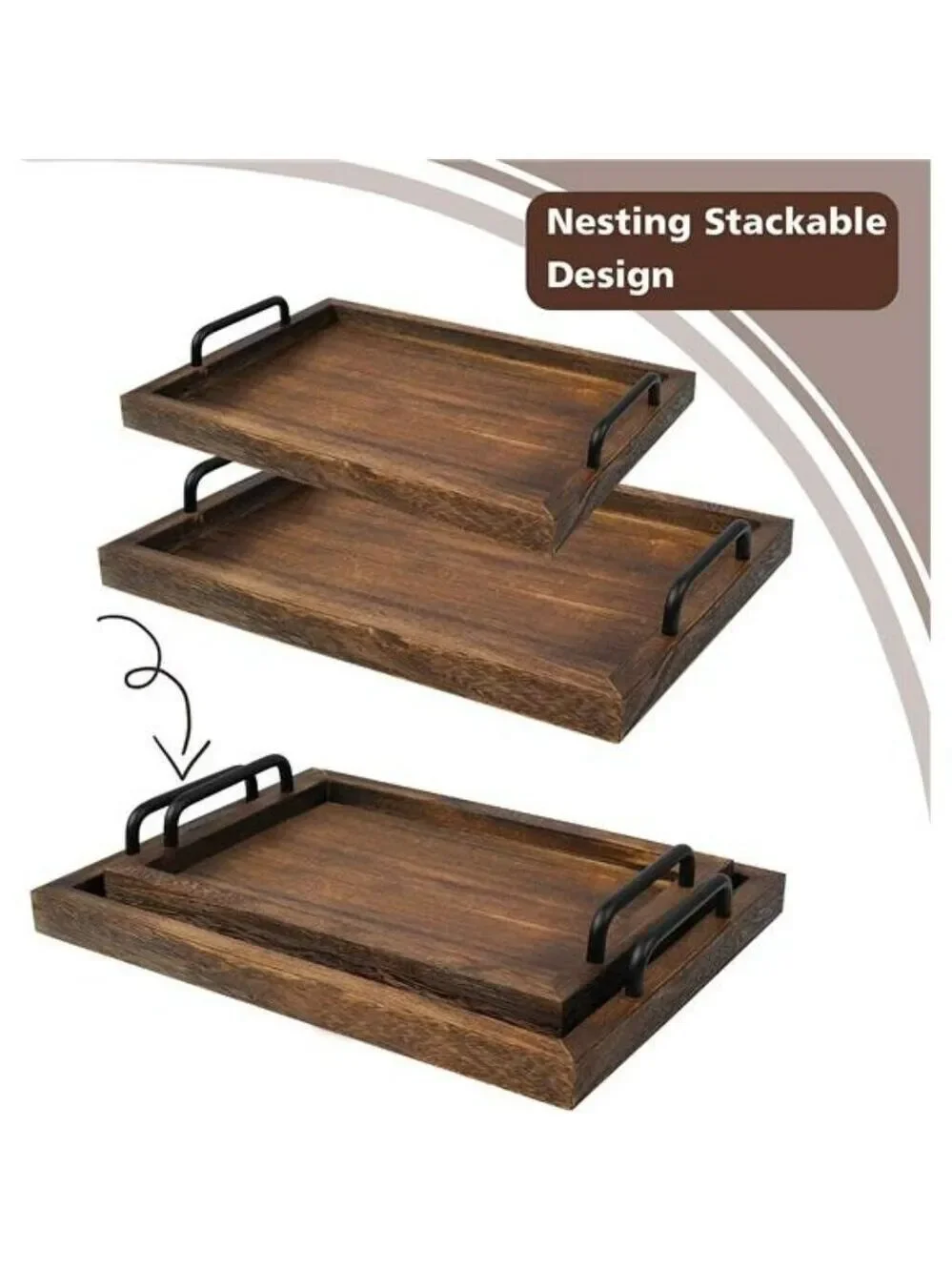 Rustic Wood Serving Trays Set of 2 with Handles Farmhouse Coffee Table Decor